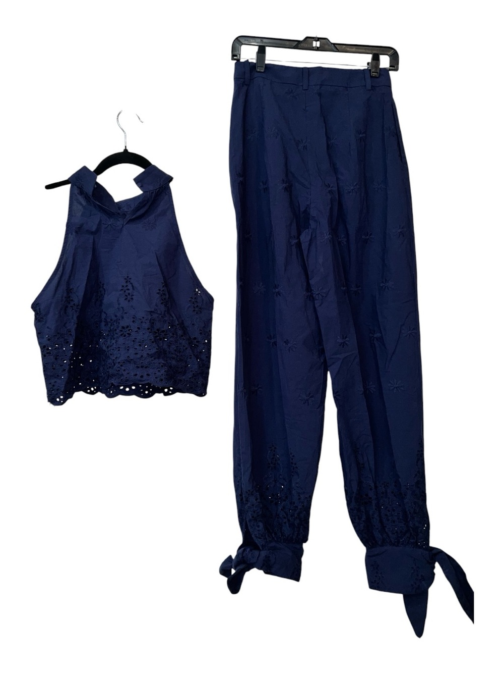COMMENSE Eyelet Embroidered Cotton Halter Top & Tie-Cuff Pants Set Navy Sm NWT - Picture 7 of 15